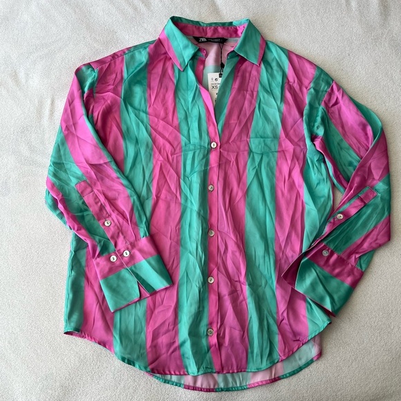NWT Zara Satin Striped Boyfriend Shirt XS Pink Green - Picture 2 of 12